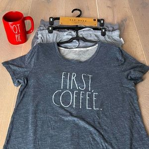 Rae Dunn 3piece Blue/Grey Pajama Set Sz L SOFT Jersey Feel W/ Signature Mug!